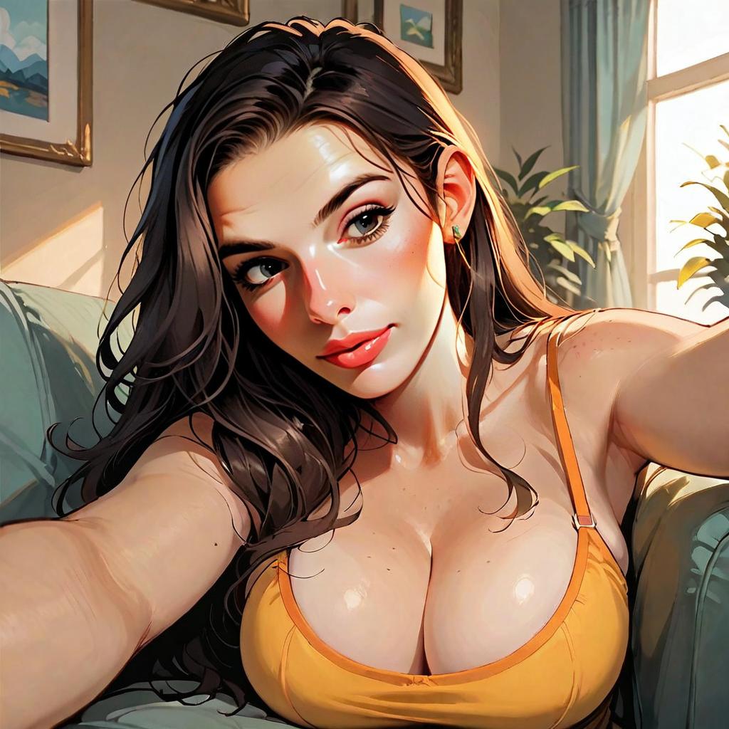 Digital Illustration of Woman Taking Selfie in Warm Living Room Setting