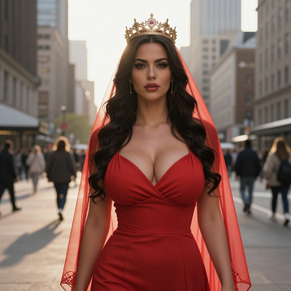 Elegant Woman in Red Dress with Crown and Veil in Urban Street
