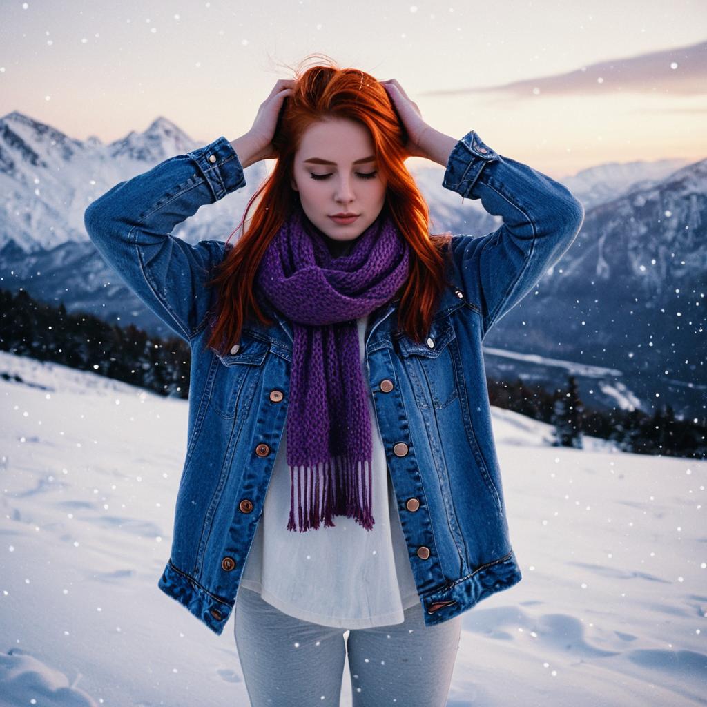 Young Woman in Snowy Mountain Landscape at Sunset