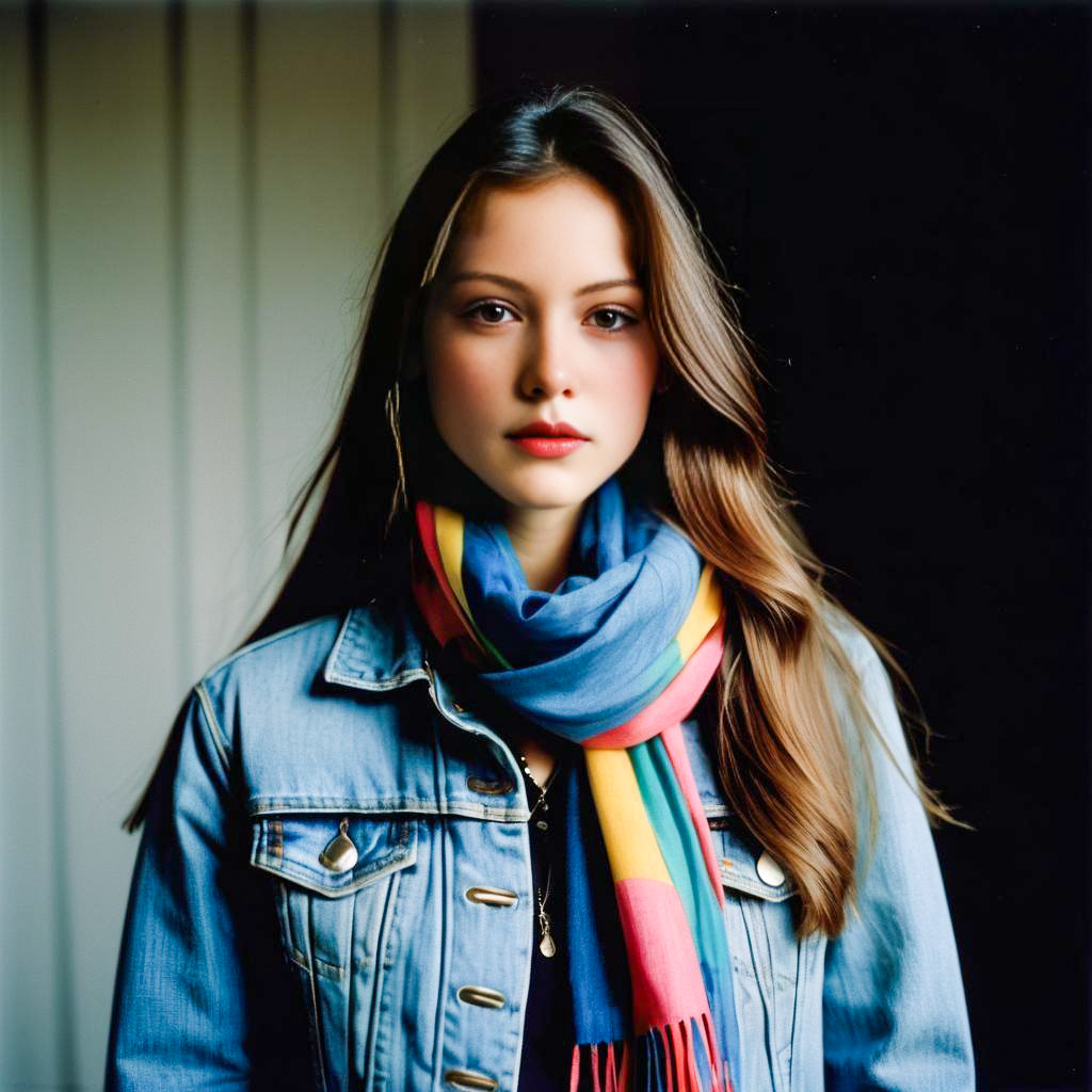 Young Woman in Denim Jacket with Scarf
