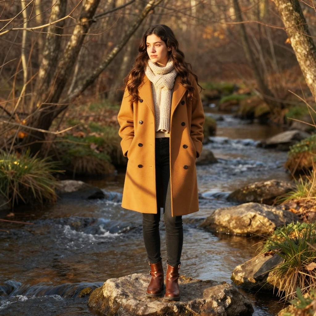Young Woman in Camel Coat Standing on Rock in Autumn Creek