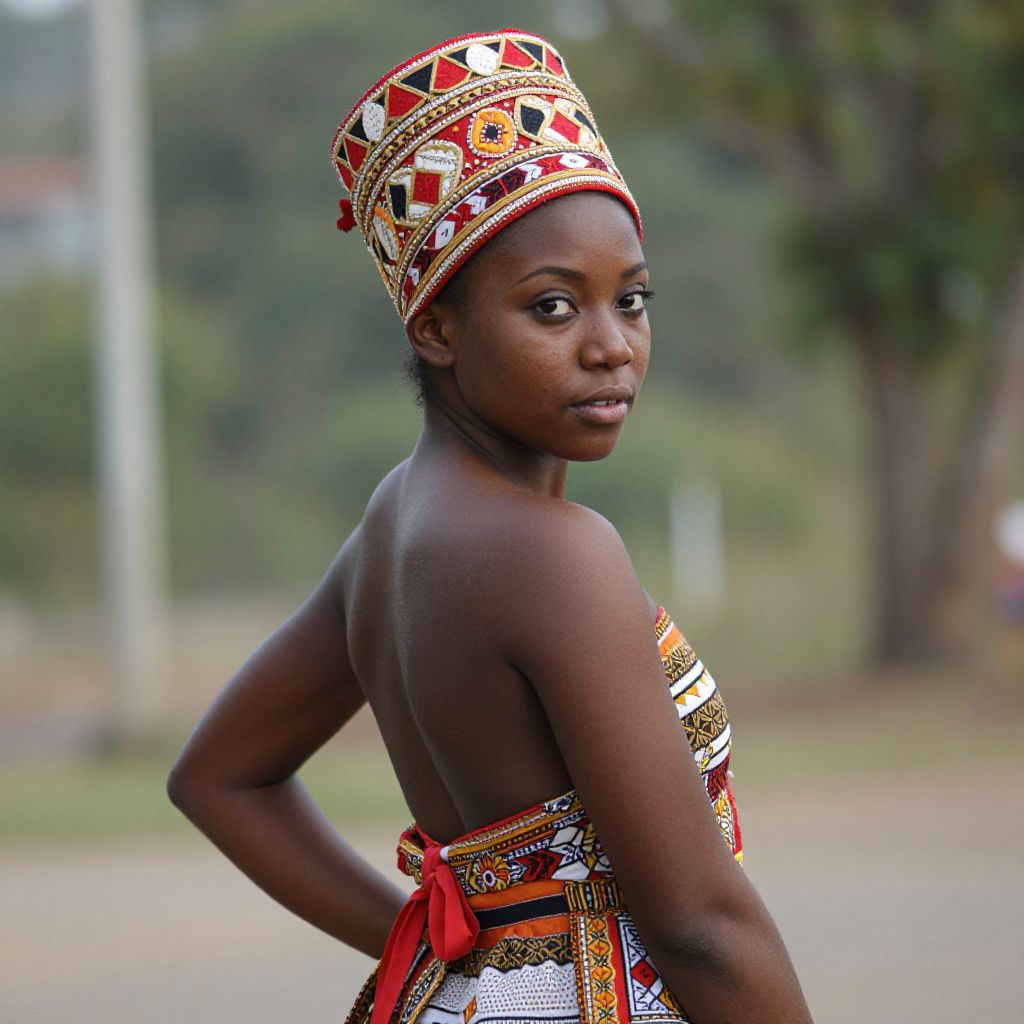 Young Woman in Traditional African Dress and Headpiece Vibrant Patterns