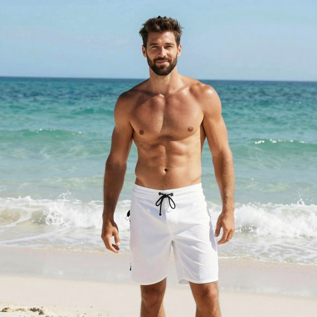 Fit Man on Beach Wearing White Swim Trunks by the Ocean