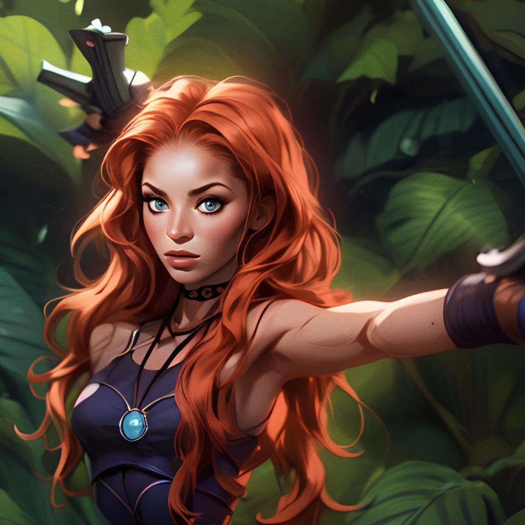Red-Haired Woman Archer in Fantasy Jungle Digital Art