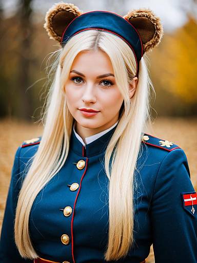 Blonde Woman in Blue Military-Style Uniform with Bear Ears Hat Outdoors