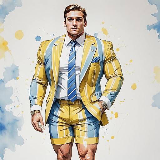 Stylish Man in Yellow and Blue Striped Suit with Shorts - Modern Illustration