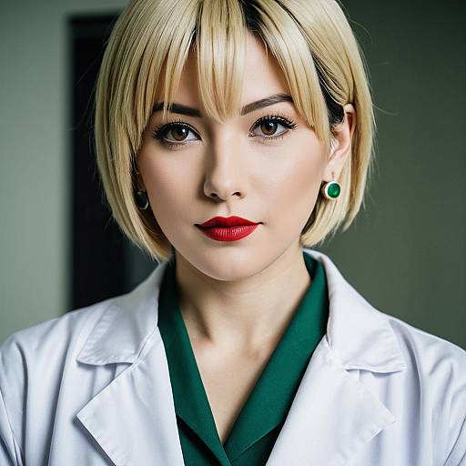 Professional Woman in White Lab Coat with Blonde Bob Hairstyle