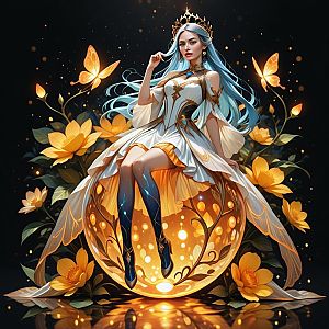 Fantasy Woman with Blue Hair on Ornamental Orb