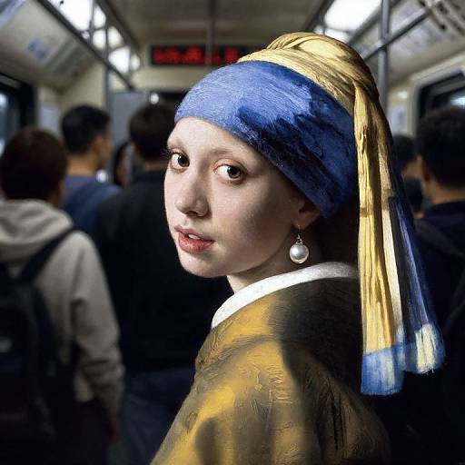 Modern Subway Scene Featuring Girl with a Pearl Earring Style Woman