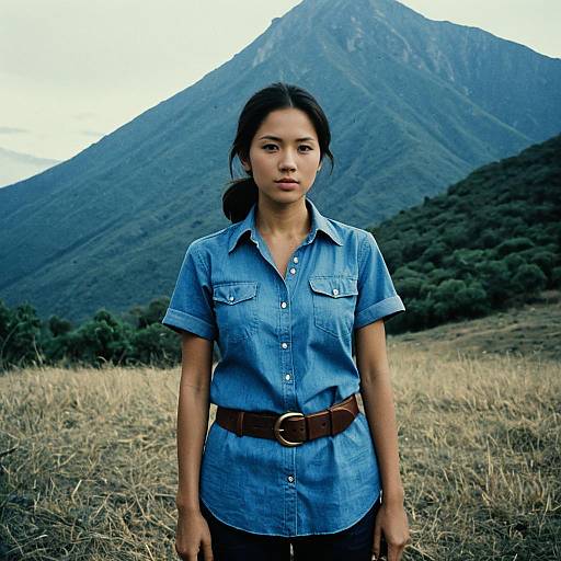 Woman in Blue Denim Shirt with Brown Belt Standing in Mountain Landscape