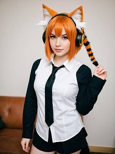 Mousse Arknights Cosplay with Orange Fox Ears and Tail Indoor Portrait