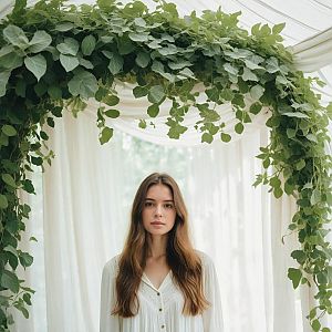 Young Woman in Lush Green Archway