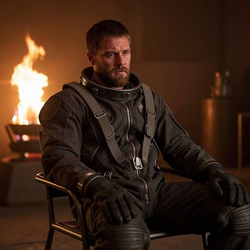 Man in Black Spacesuit Sitting Thoughtfully with Fire in Background