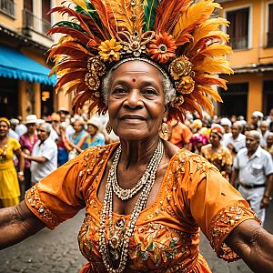 Joyful Elderly Woman in Orange Attire Dancing at Celebration