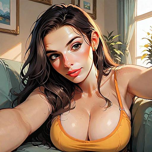 Digital Illustration of Woman Taking Selfie in Warm Living Room Setting