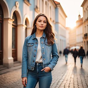 Young Woman in Denim Jacket on Historic Street at Sunset
