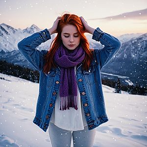Young Woman in Snowy Mountain Landscape at Sunset