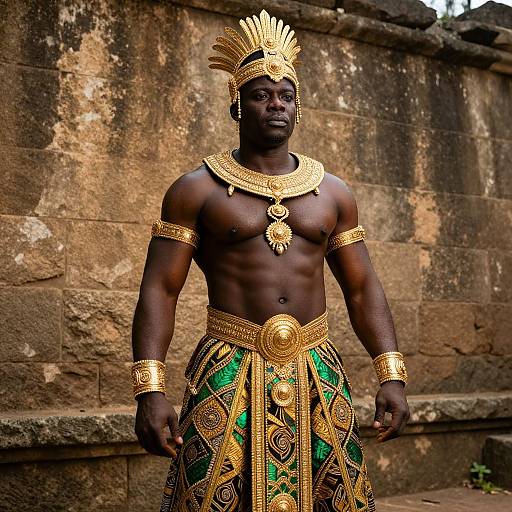 Ancient African Royal Man Wearing Elaborate Golden Costume and Jewelry