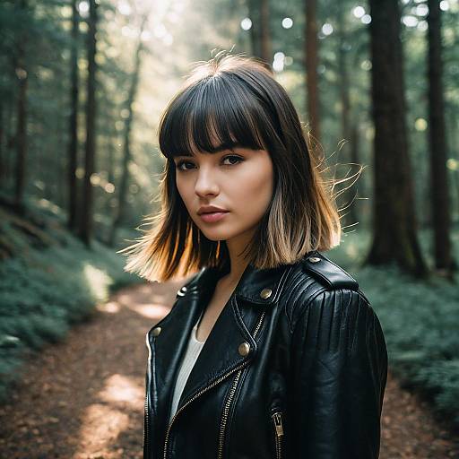 Young Woman in Black Leather Jacket on Forest Path