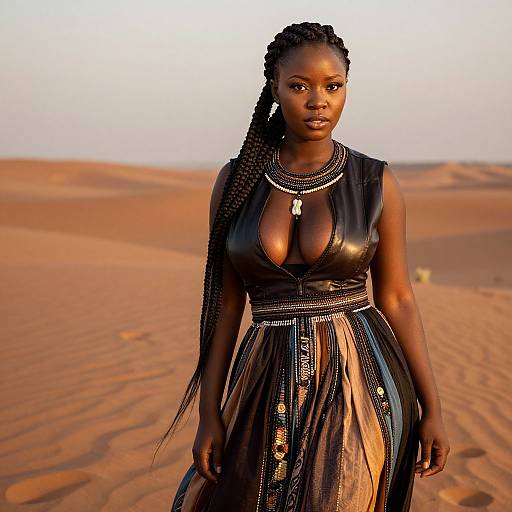 Elegant Woman in Leather and Patterned Skirt Desert Portrait vllm2604271013nn4j