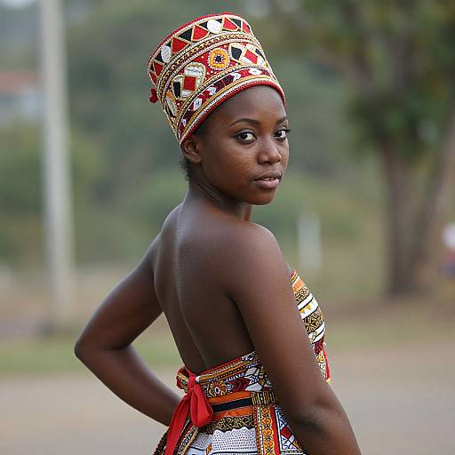 Young Woman in Traditional African Dress and Headpiece Vibrant Patterns