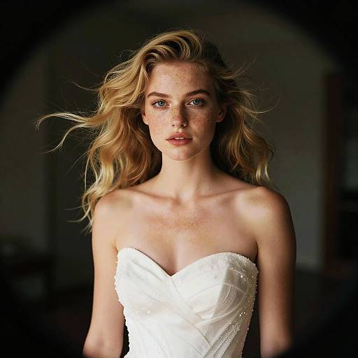 Portrait of Blonde Woman in White Dress with Natural Freckled Makeup