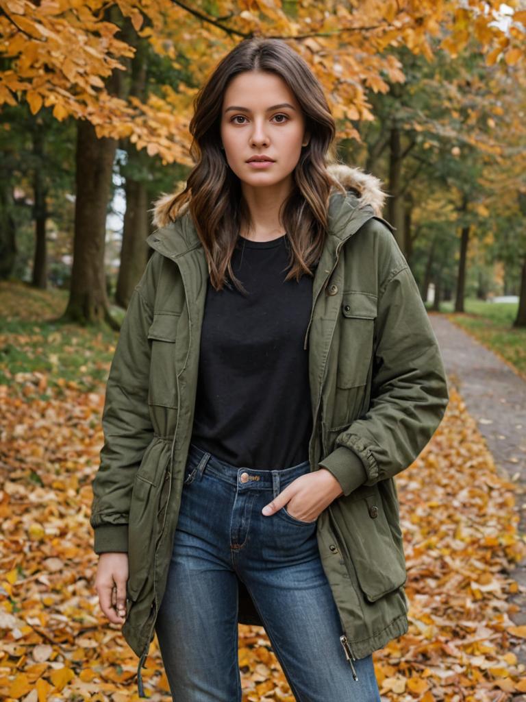 Woman in Green Parka Surrounded by Autumn Leaves