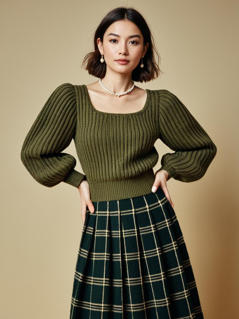 Fashionable Woman in Olive Green Puffed Sleeve Sweater and Plaid Skirt