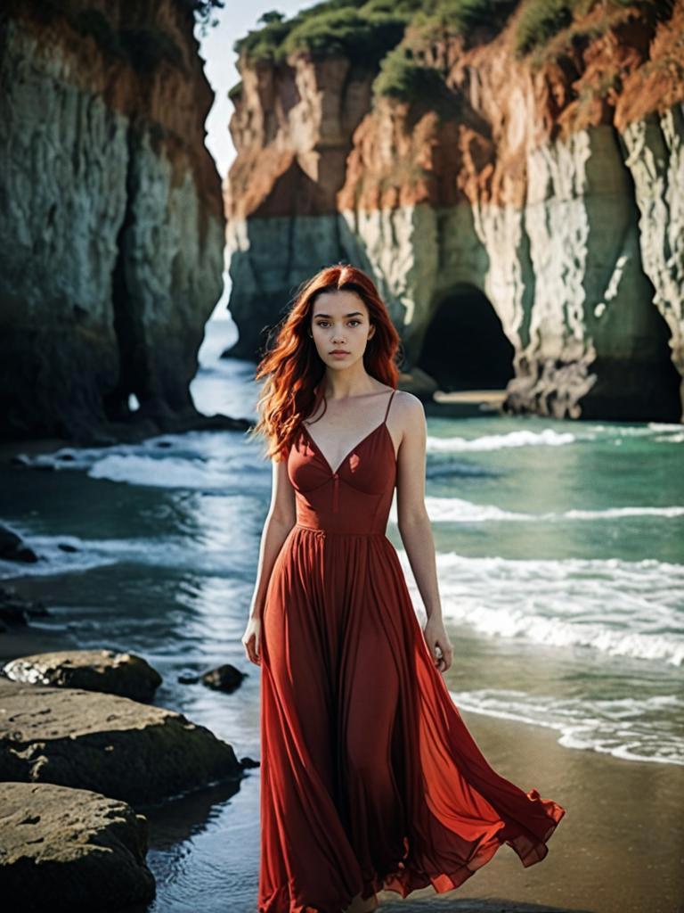 Woman in Red Dress by Coastal Cliffs