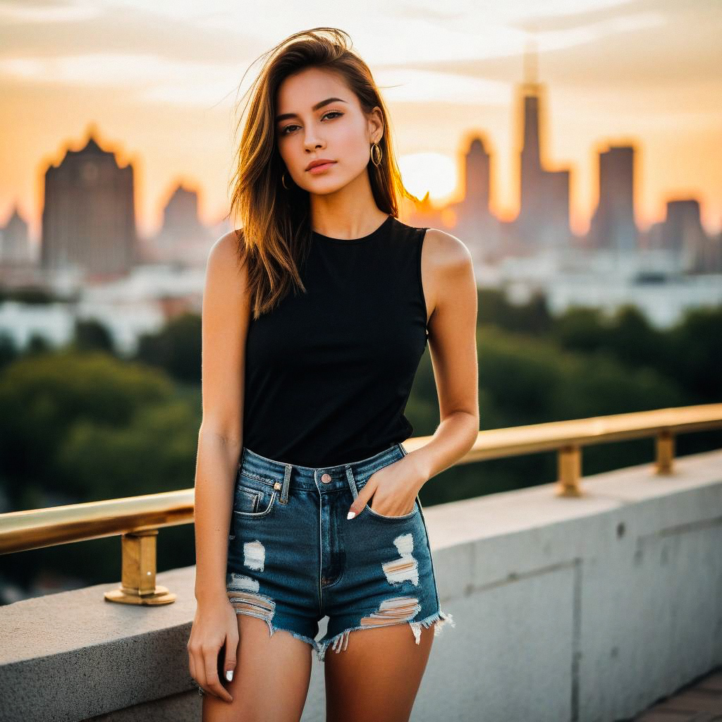 Confident Woman on Rooftop at Sunset Confident Woman on Rooftop at Sunset