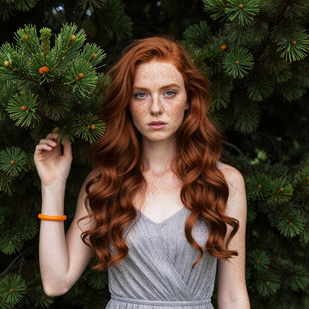 Red-Haired Woman in Silver Dress Posed Among Green Pine Trees