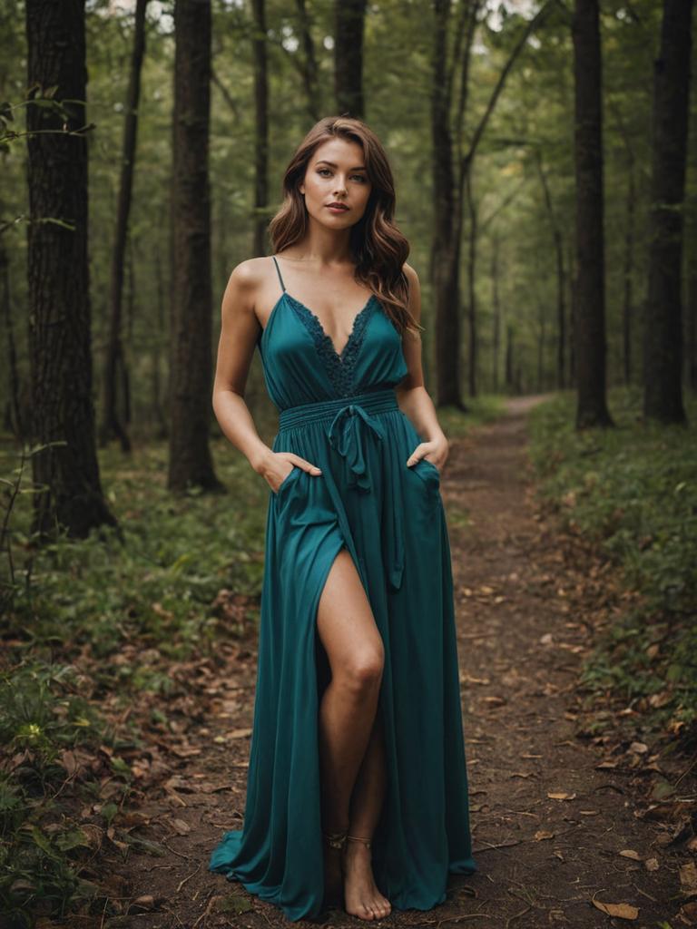 Elegant Woman in Teal Dress in Forest