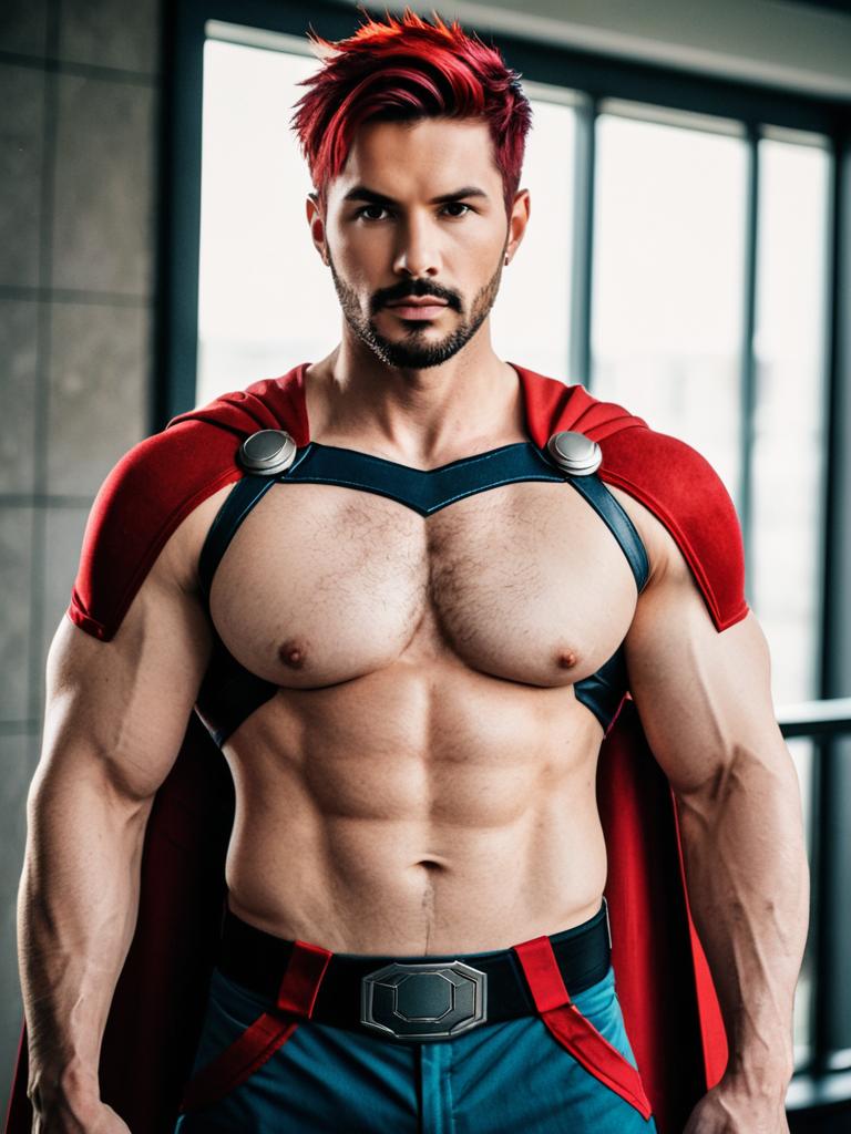 Muscular Red-Haired Hero Costume with Cape and Harness