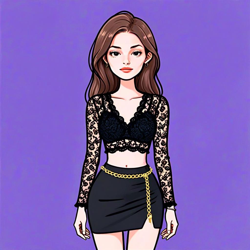Stylish Woman Wearing Black Lace Crop Top and Skirt with Gold Chain Belt Illustration