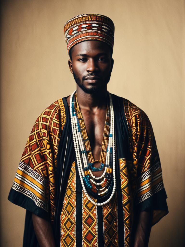 Man in African Traditional Outfit with Beaded Necklaces Photorealistic Portrait