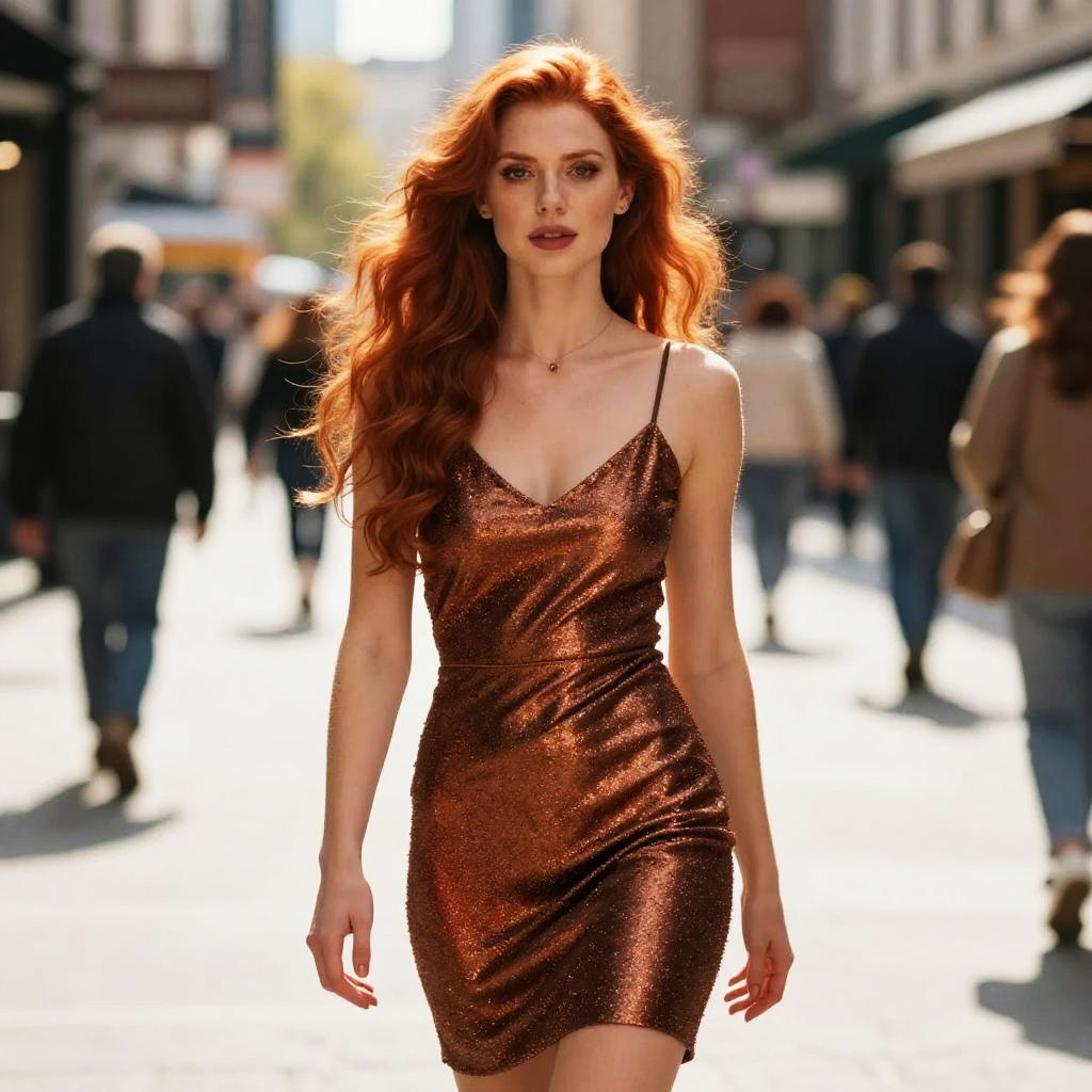 Confident Redhead Woman in Bronze Sparkle Dress Walking in City - Gen Z Style