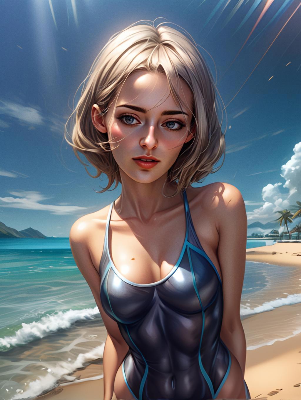 Digital Art of Blonde Woman in Metallic Swimsuit on Sunny Beach