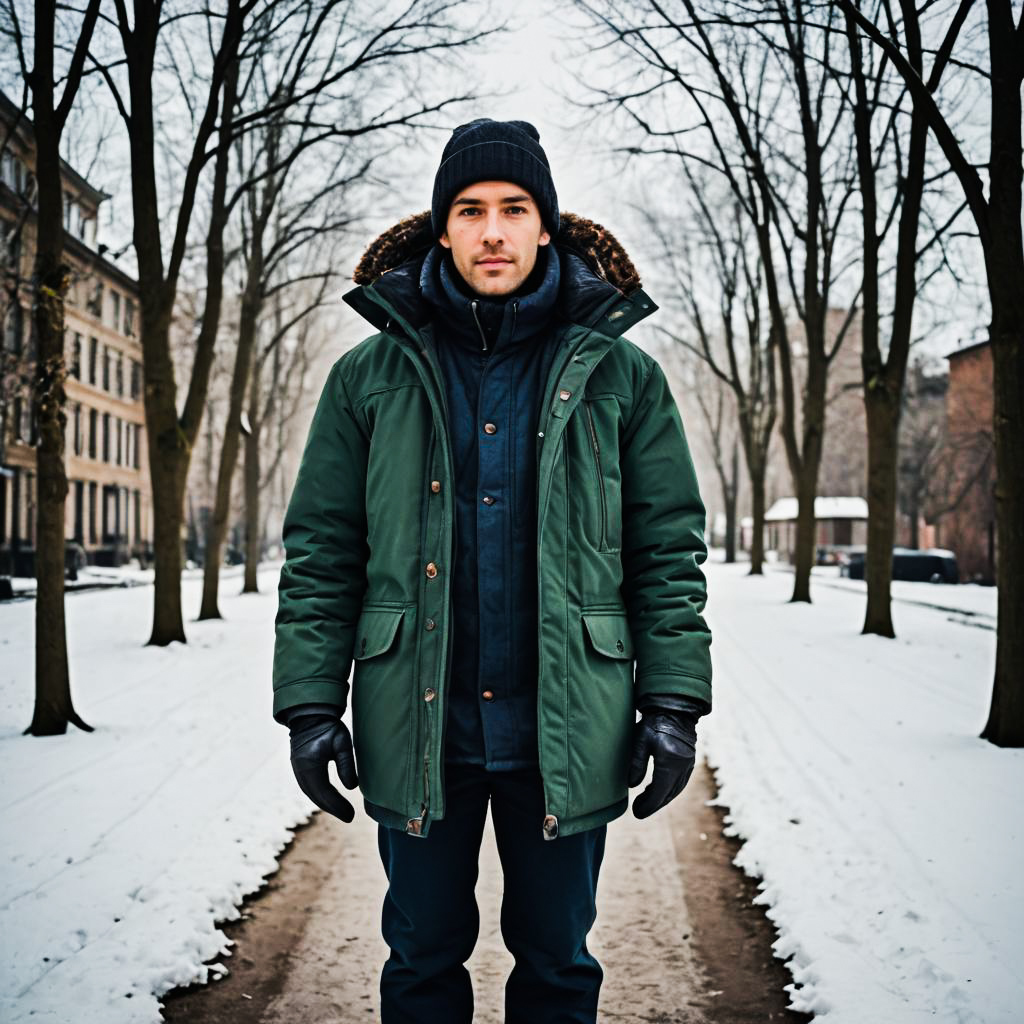 Man in Green Jacket Surrounded by Snowy Trees