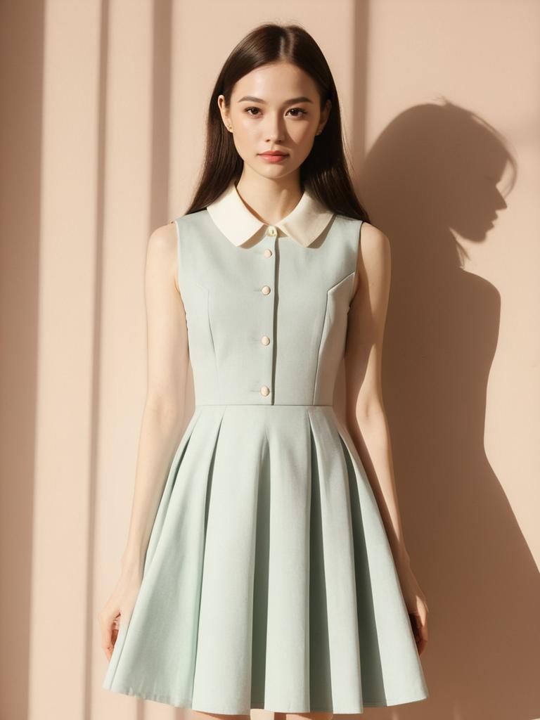 Retro-Inspired Sleeveless Pinafore Dress with Peter Pan Collar and Full Circle Skirt