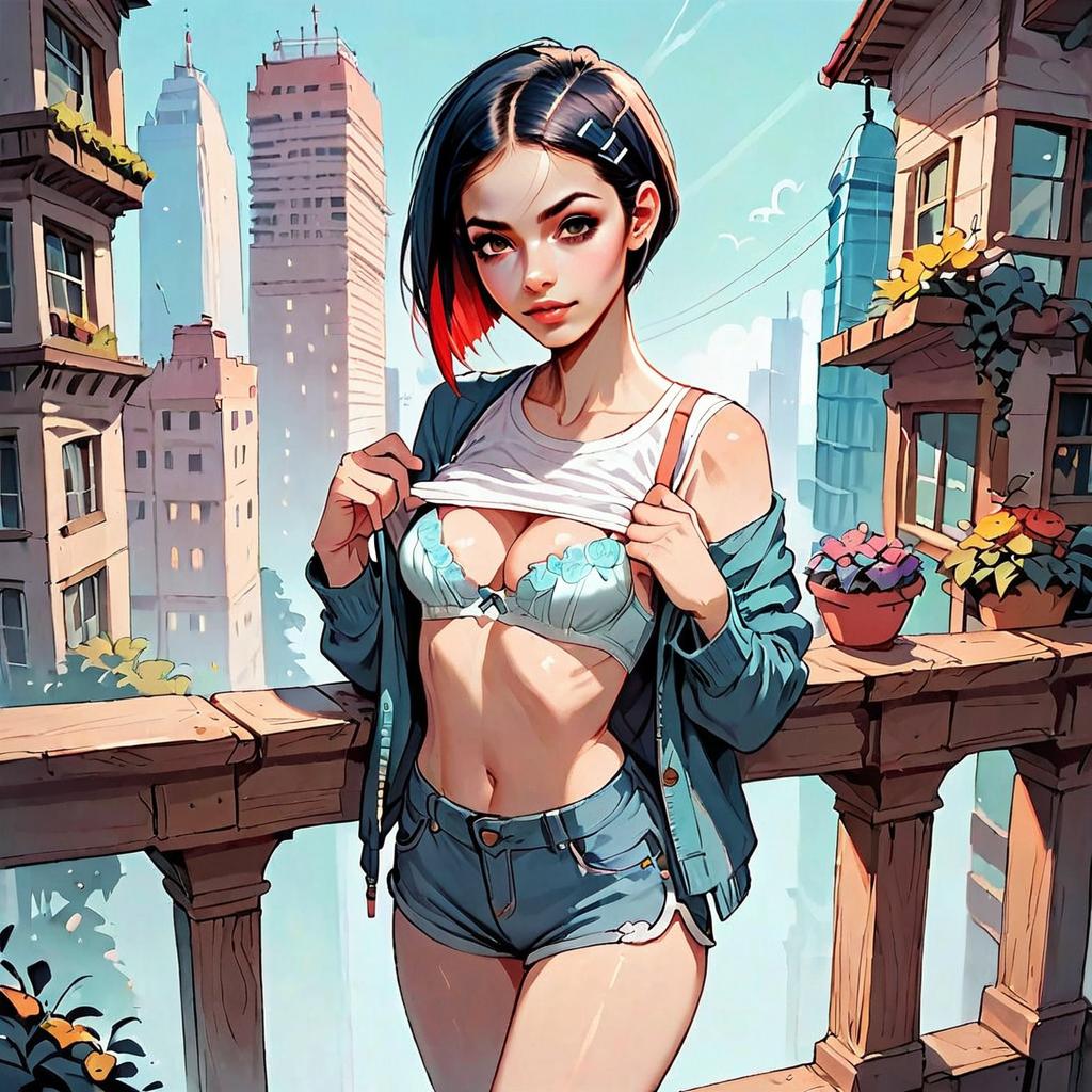 Anime Style Urban Girl on Balcony in Denim and Lace Bra Digital Art