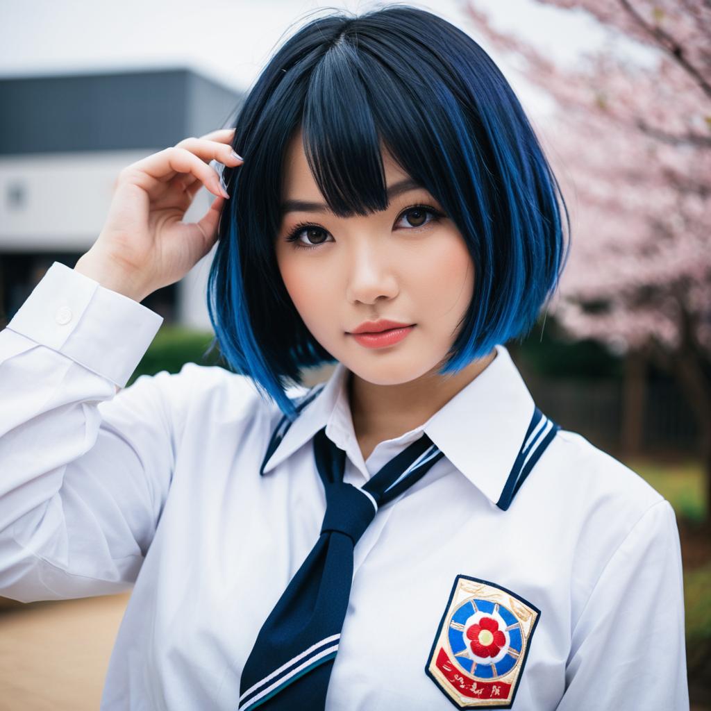 Young Woman in Japanese School Uniform with Blue Hair by Cherry Blossoms