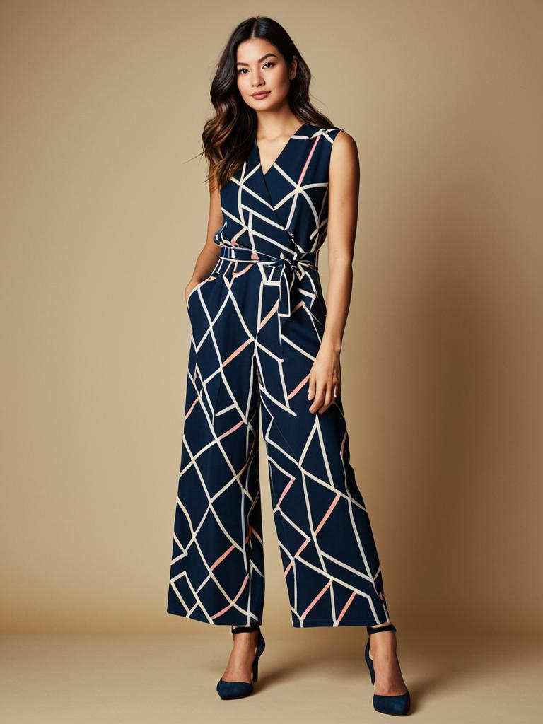 Modern Geometric Pattern Navy Jumpsuit on Woman