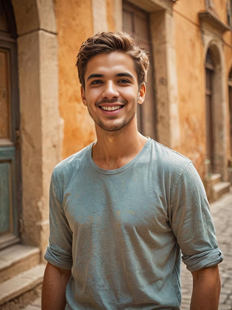 Cheerful young man in blue t-shirt on city street