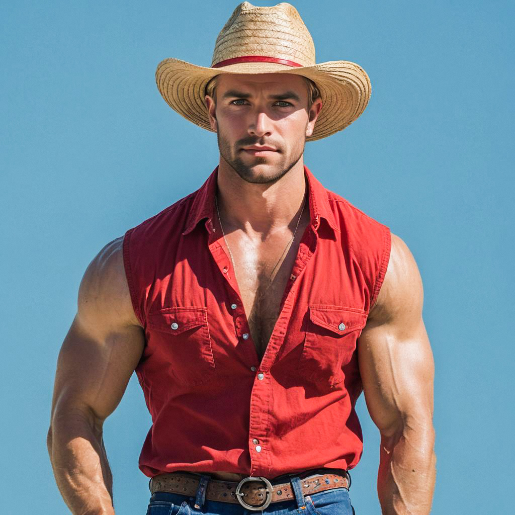 Muscular Man in Red Shirt with Straw Hat