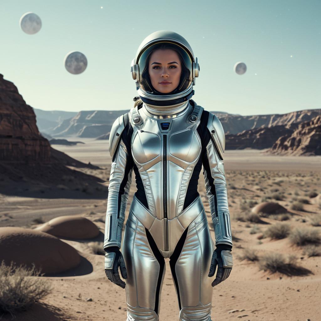 Futuristic Woman Astronaut in Silver Spacesuit on Alien Desert Landscape