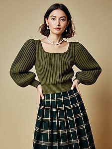 Fashionable Woman in Olive Green Puffed Sleeve Sweater and Plaid Skirt