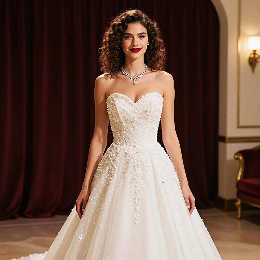 Elegant Woman in Luxurious Beaded Strapless Wedding Dress