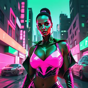 Confident Woman in Neon-Lit Cyberpunk Street