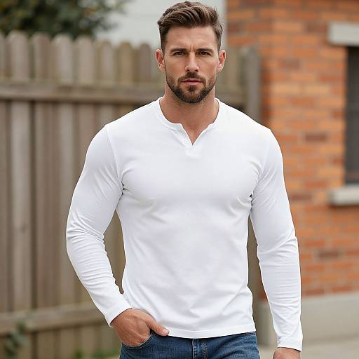 Confident Man in White Henley Shirt and Blue Jeans Outdoors