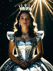 Glamorous Woman Wearing Sparkling Sequin Gown and Crown in Dramatic Light